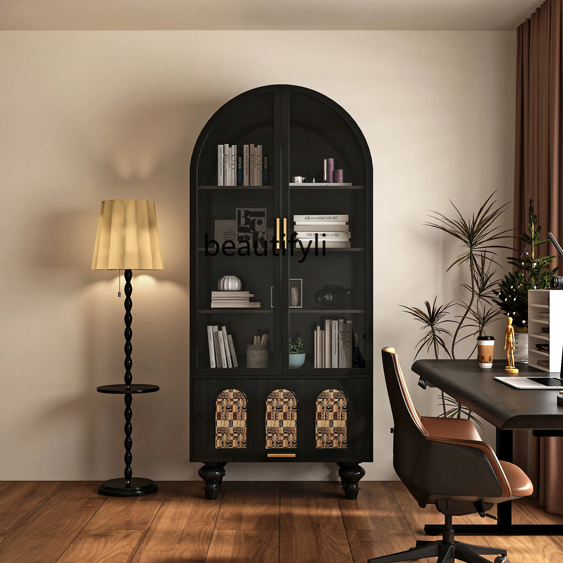 Bookcase storage, integrated solid wood storage, home floor living room bedroom display, retro wine cabinet