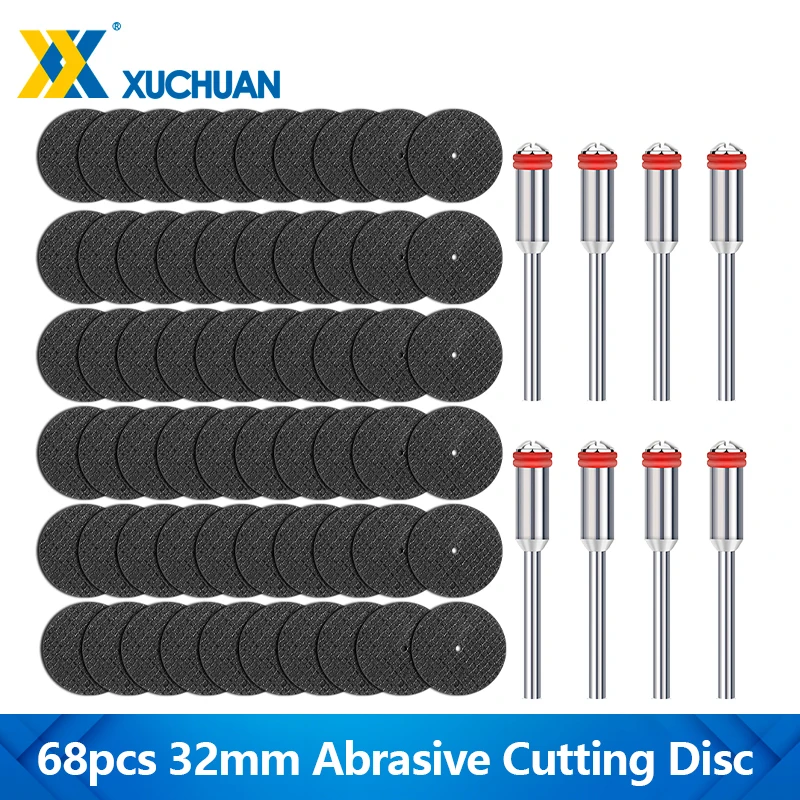 

60 шт. абразивных отрезных дисков 32 мм с 8 шт. оправками-держателями 3 мм, пильные лезвия для резки металла, аксессуары для роторного инструмента Dremel