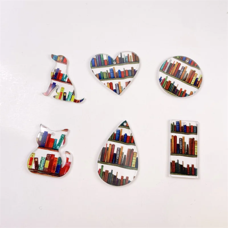 50pcs/lot color Bookshelf pattern print cartoon animals hearts rounds water drop shape acrylic beads diy jewelry accessory
