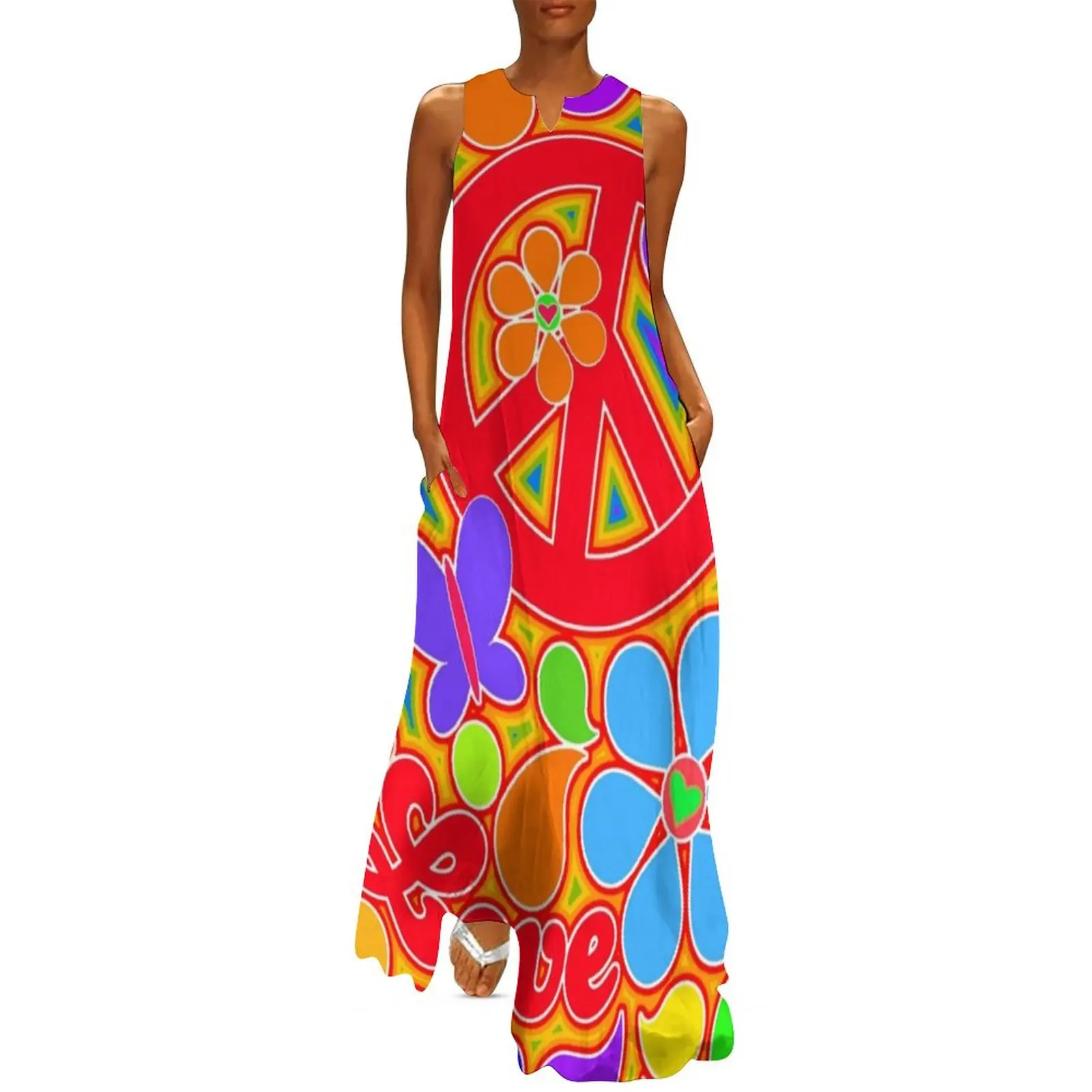 

Rainbow Pop Art Colorful Peace and Love Flower Power Art Long Dress women's elegant loose dresses Elegant gown