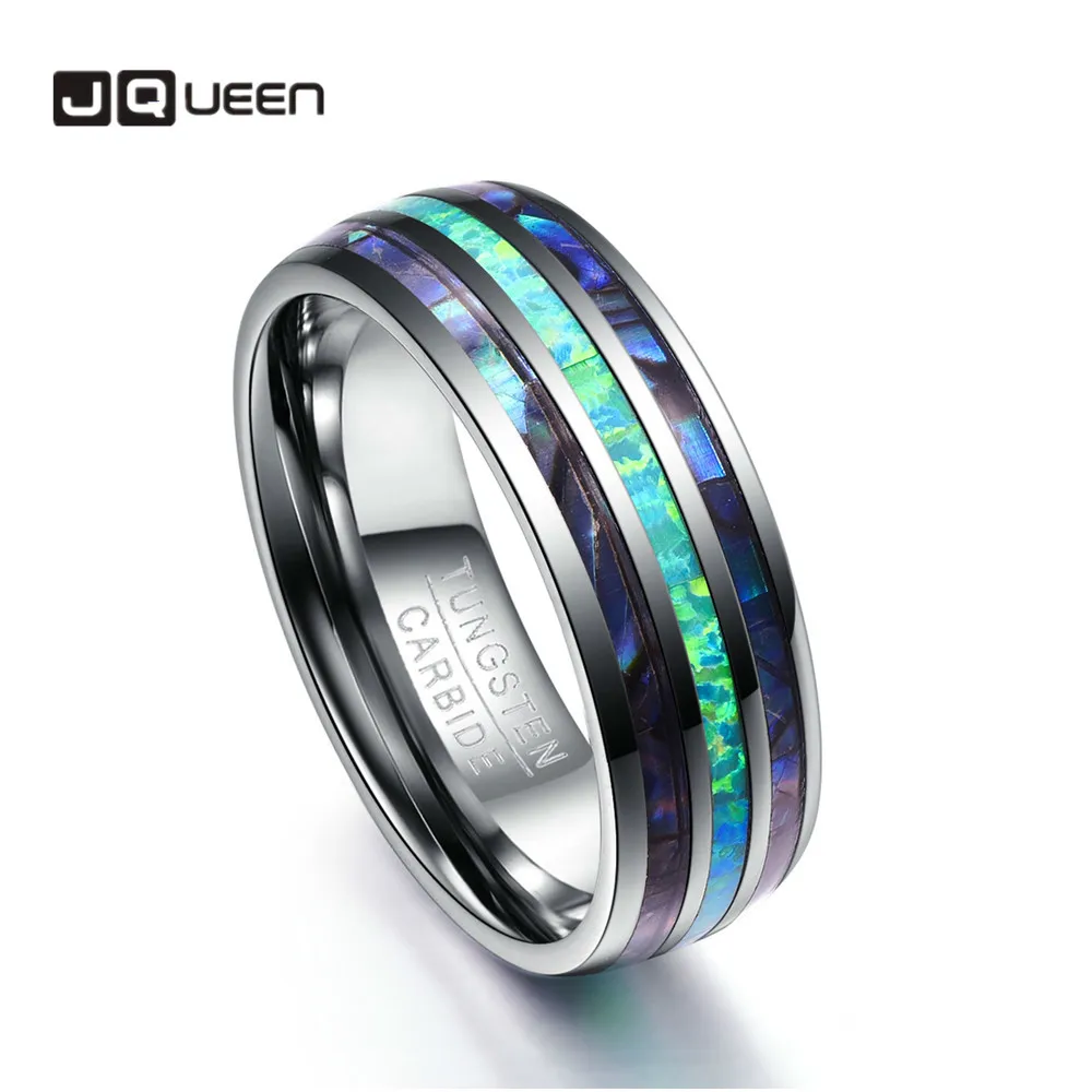 JQUEEN 8mm Tungsten Carbide Steel Ring Polished Abalone Shell Dome Triple Grooved Opal Ring Never Fade For Men and Women