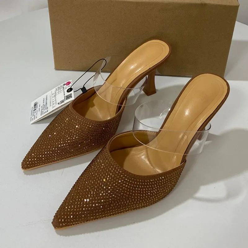 Sandali con tacco alto sandali donna calzature estive Sexy 2024 moda PVC trasparente scarpe da ballo con strass Bling a punta