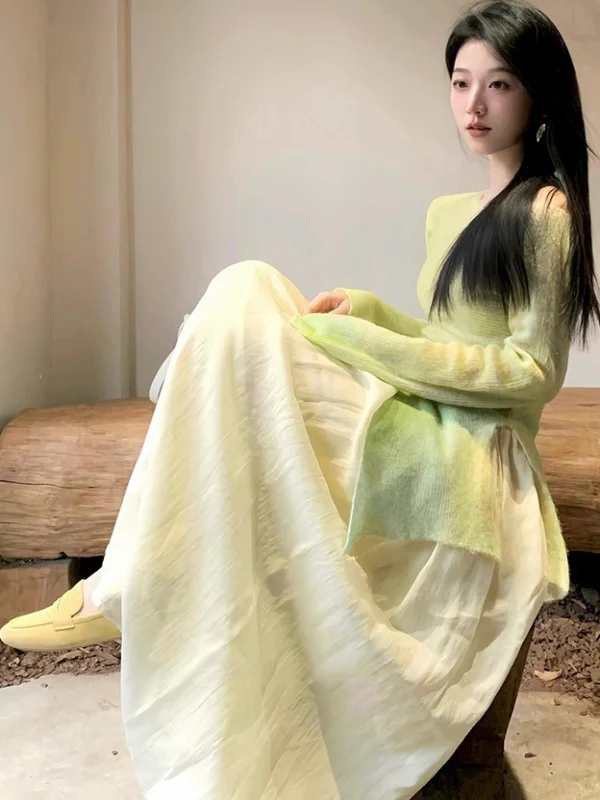 

Korean Style Green Gradient Uneven Design Knitted Sweater High Waist Slimming Half Skirt Set Women's Fashionable Two-Piece Suit