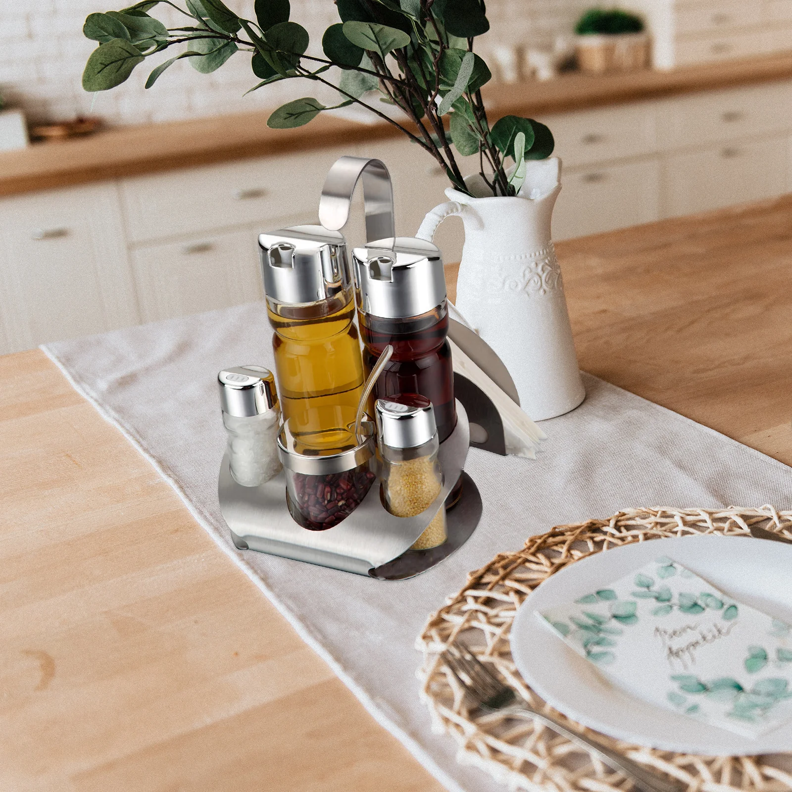 

1Set Stainless Steel Seasoning Bottles Glass Kitchen Spice Jar Set Storage Container for Salt Sugar Pepper Mustard