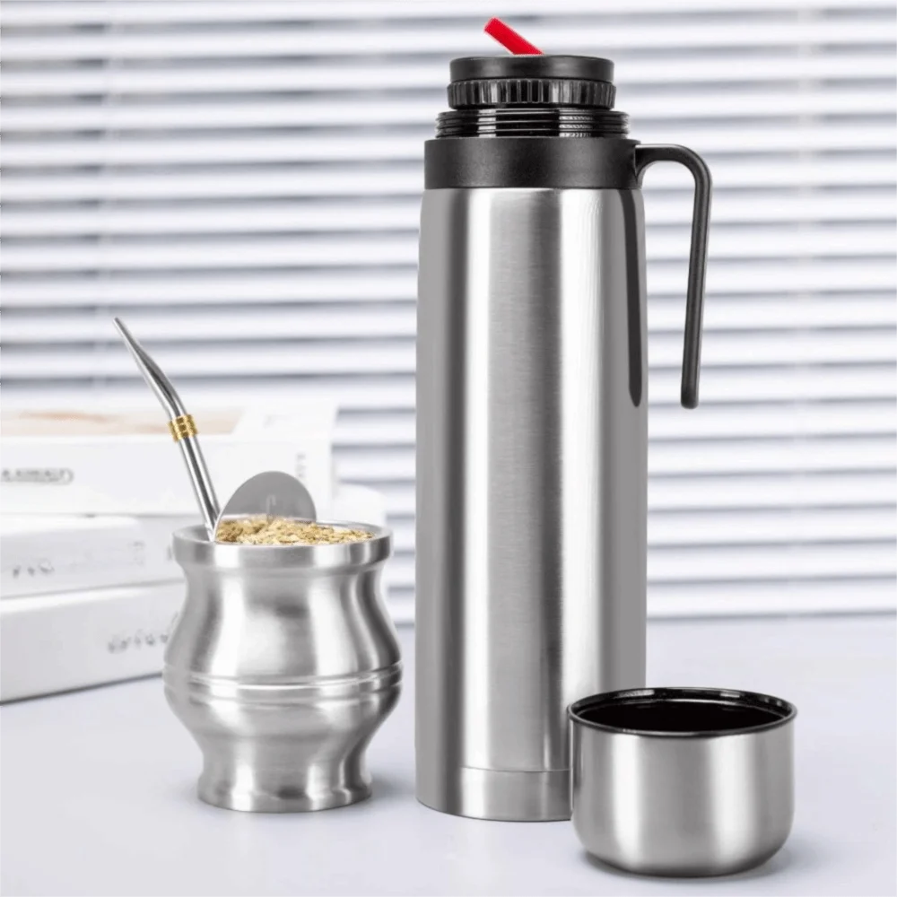 Termo de 1000 ml para Yerba Mate, Diseño de Doble Pared con Pajita, Botella de Vacío de Acero Inoxidable, Taza Térmica de Gran Capacidad para Viajes