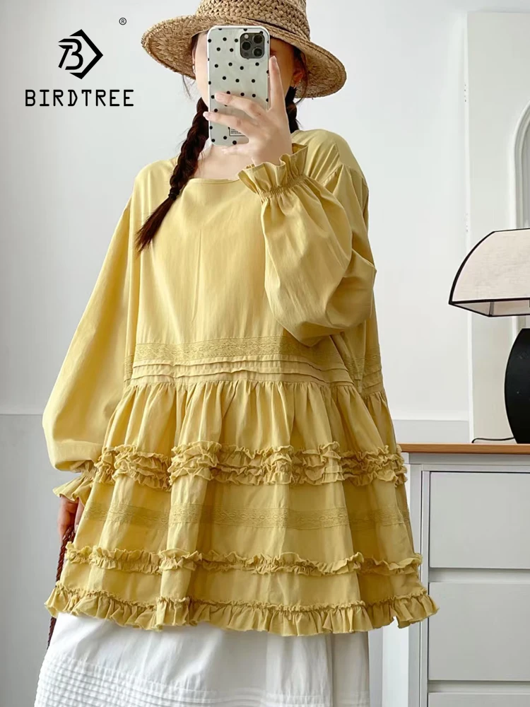 New 2026 Autumn Women Cotton Long Sleeve Shirt, O Neck Ruffles Patchwork, Mori Girl French Casual Loose Doll Blouse T66918CC