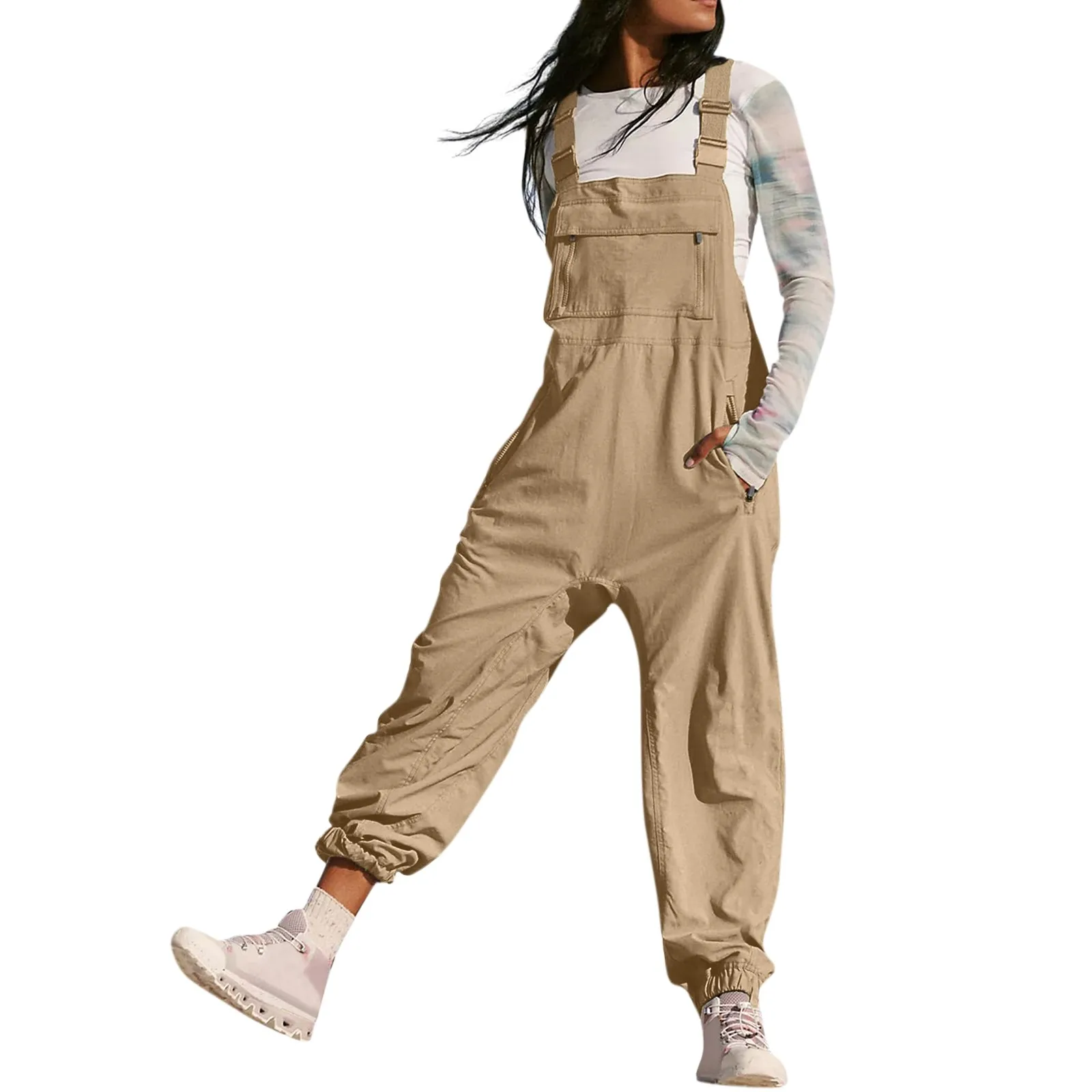 Classic Solid Color Women\'s Sleeveless Overalls Jumpsuit Casual Loose Adjustable Straps Bib Long Pant Jumpsuits With Pockets