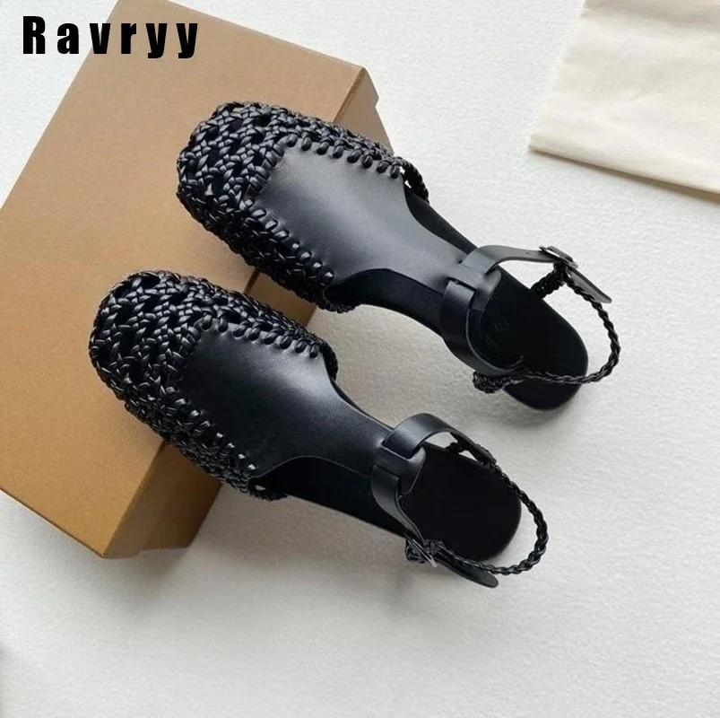 Leather Retro Mary Jane Braided Fisherman Shoes 2023 New Summer Fashion Hollow Roman Shoes Square Toe Breathable Buckle Sandals