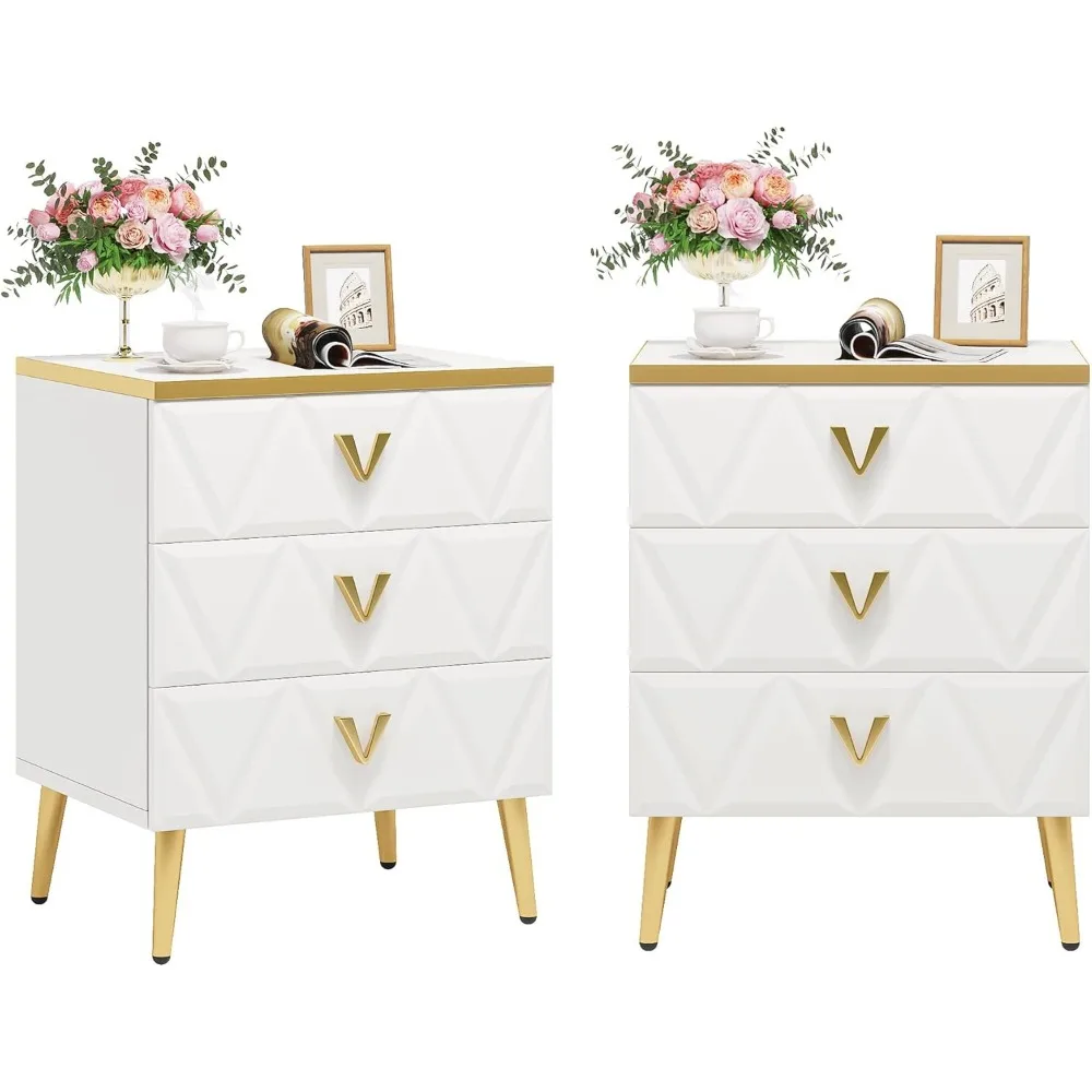 Pair of Modern 3-Drawer Nightstands with Storage and Golden Legs for Bedroom
