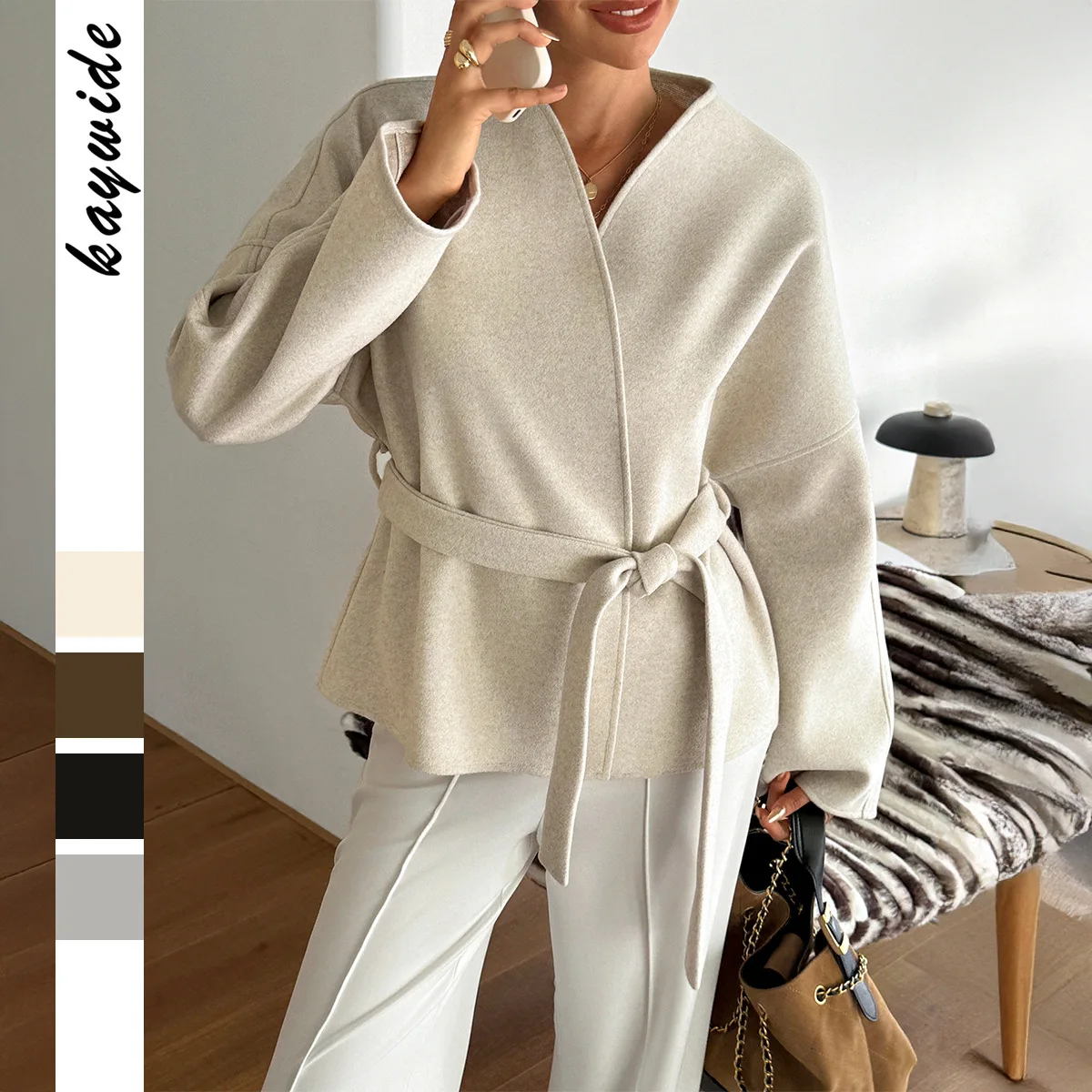 

Женская верхняя одежда в европейском и американском стиле, курортное повседневное однотонное пальто с v-образным вырезом и завязками спереди и длинными рукавами, женская одежда свободного кроя