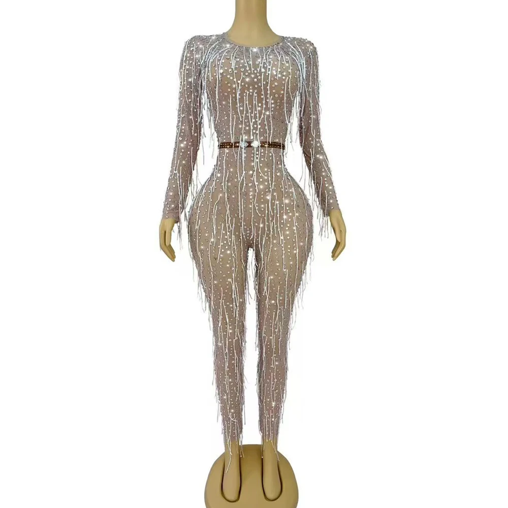 Sexy Stage Special Perform Costume Shining Rhinestones Tassels Nude Mesh Junpsuit Women Birthday Bar Singer Dancer Stage Outfit