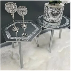 Luxury Tea Table Room Furniture Mirrored Side Table Silver Crystal Crushed Diamond Round Modern Mirrored Coffee Tables