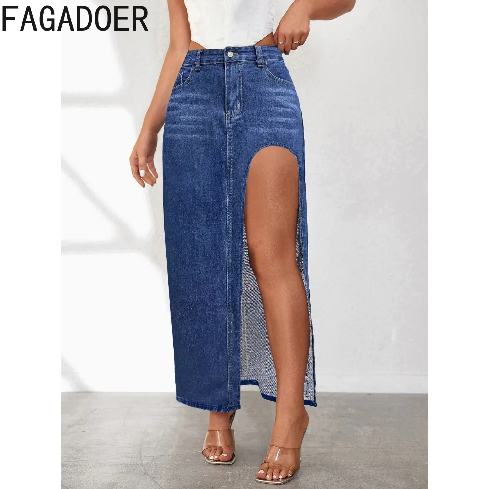 FAGADOER Fashion Denim Skinny High Slit Skirts Women High Waisted Button Slim Bottoms Spring New Female Solid Color Cowboy Skirt