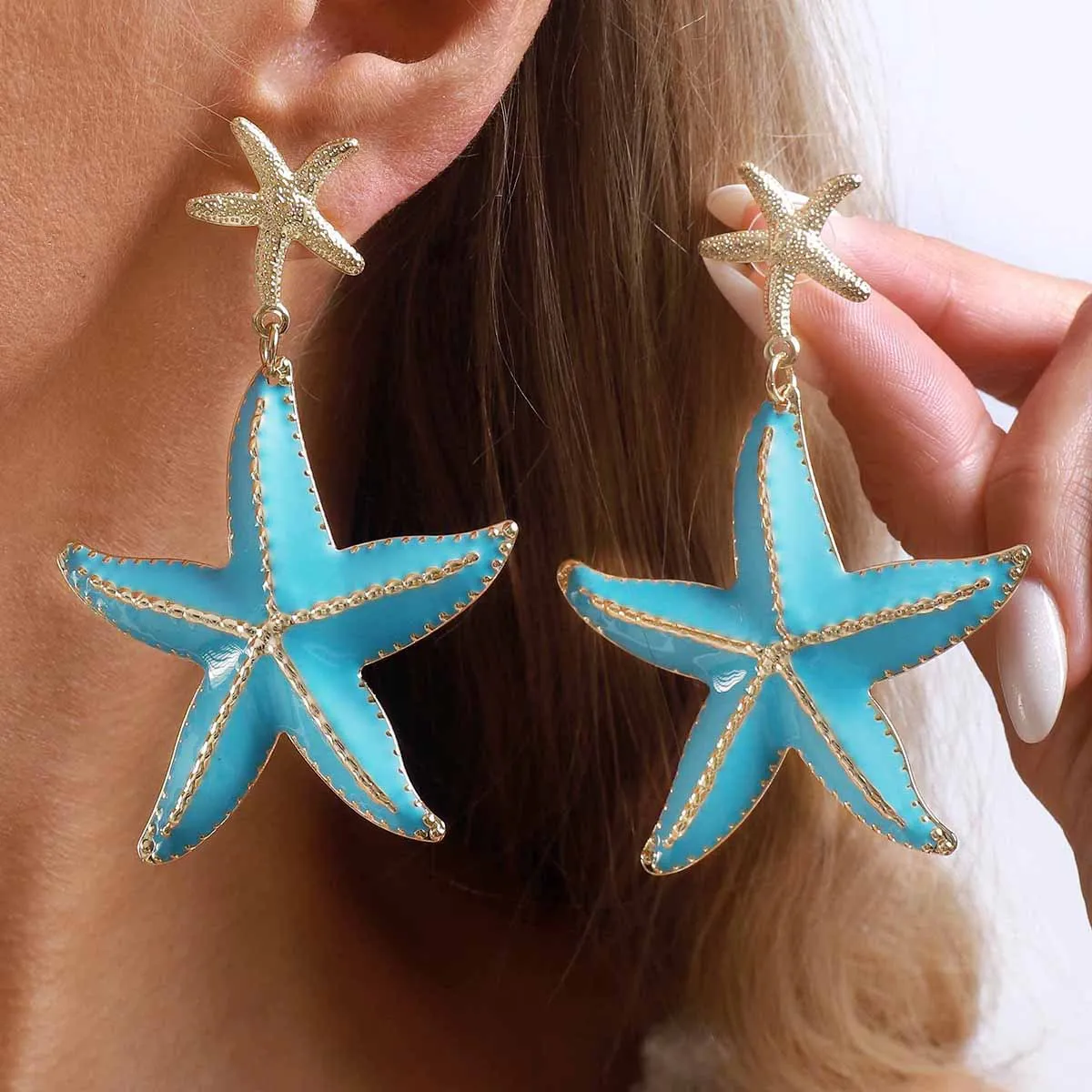 Sky Blue Enamel Starfish Dangle Earrings Gold Border Textured Marine Life Jewelry Tropical Island Summer Vacation Accessories
