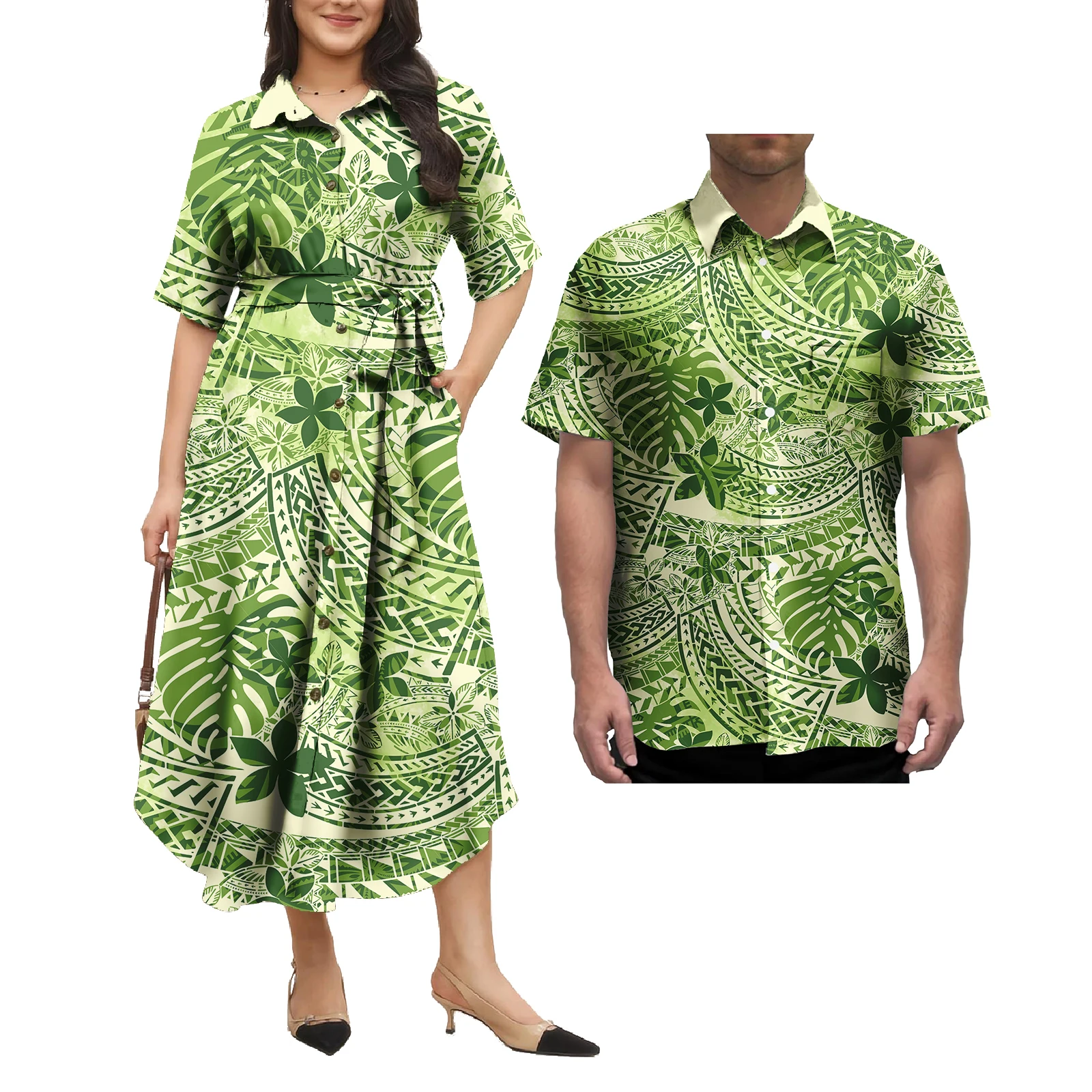 Tapa Polynesian Tribal puletasi Beach Dress Matching Men Hawaiian Shirts Traditional Clothing Long Dress Couple Clothes 2pcs