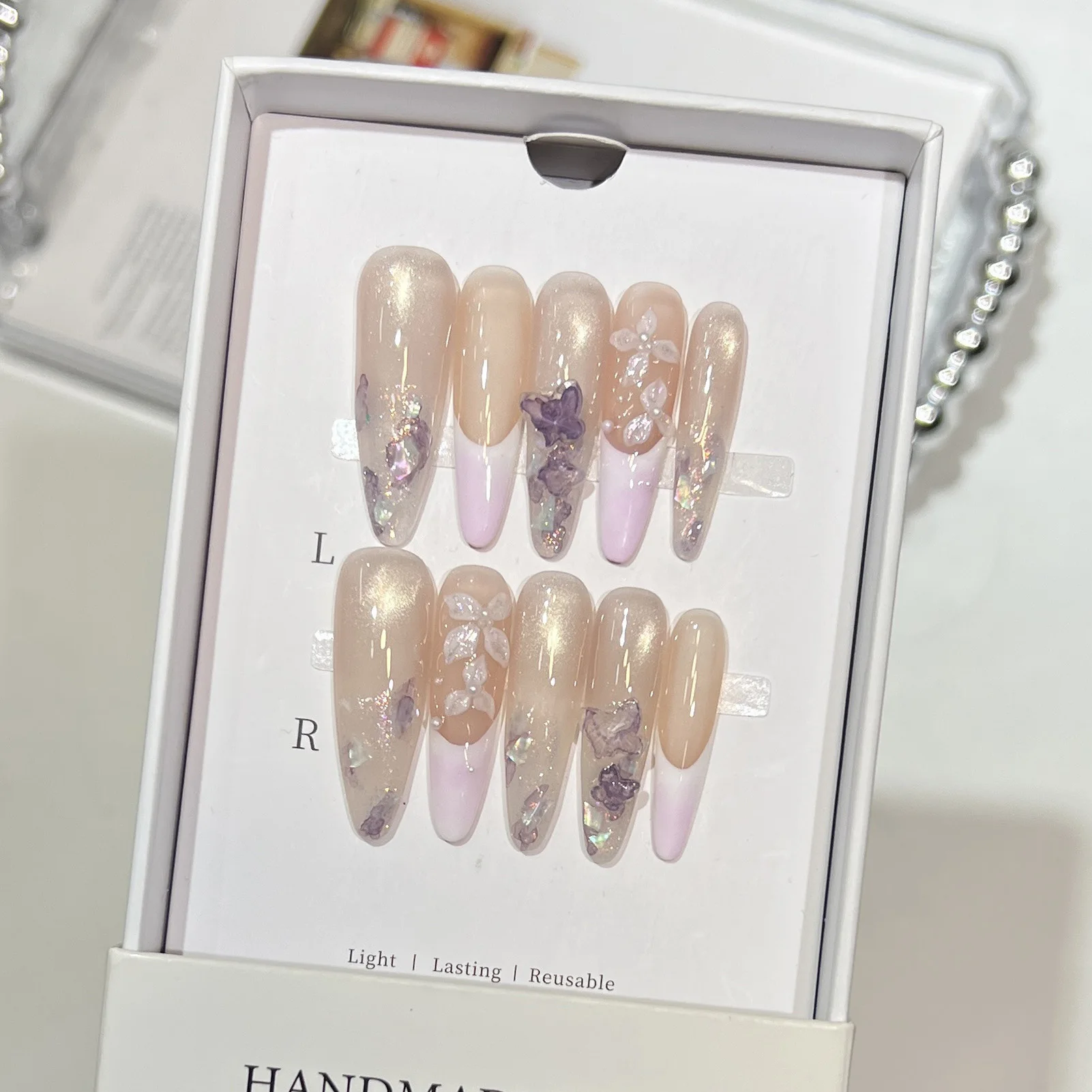 10 pçs suave longo amêndoa handamde unhas falsas estilo chinês tinta-lavagem borboleta flor imprensa em unhas olho de gato francês unhas falsas