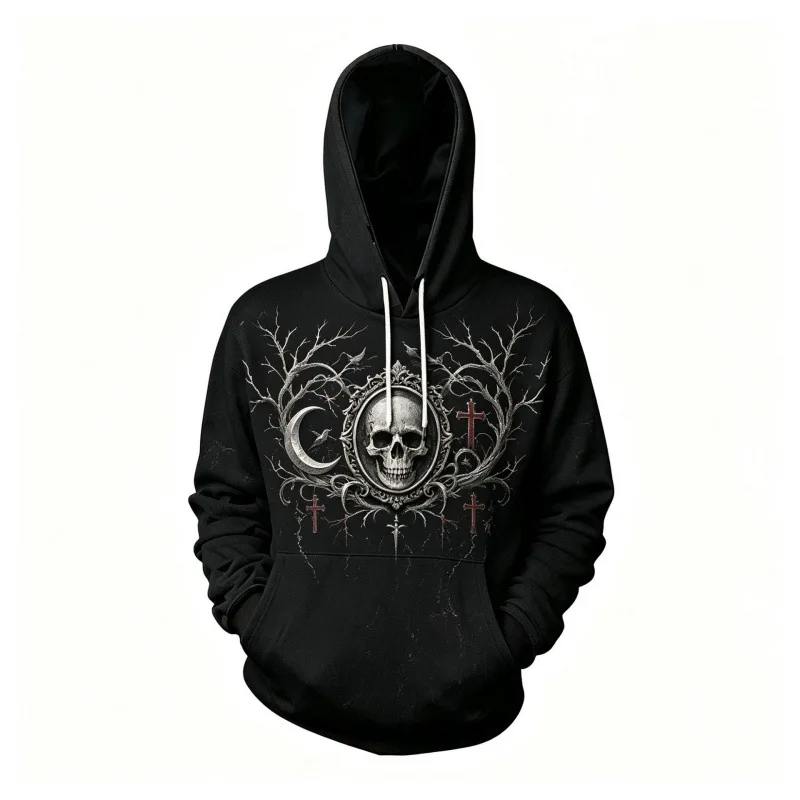 Skull Moon Cross Branch Graphic Hoodie Unisex Black Long Sleeve Drawstring Kangaroo Pocket Pullover Sweatshirt Dark Halloween