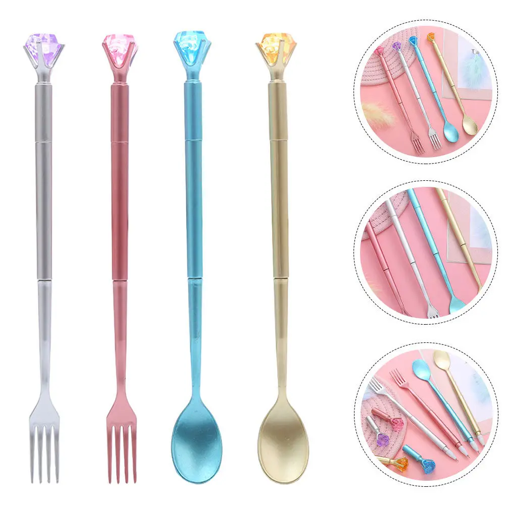 

Набор из 4 гелевых ручек в форме вилки и ложки с мультяшным дизайном, креативные ручки в виде столовых приборов с бриллиантовой огранкой для студентов, офиса и школы