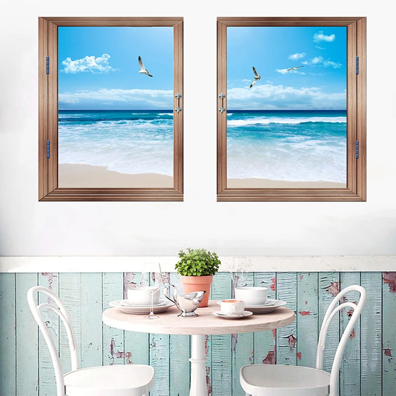 

Aesthetic Rooms Removable Big Wooden Window Sea View Creative Wall Art Beach Blue Water Vinyl Mural Stickers for Home Decoration