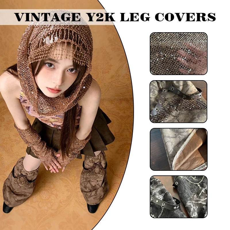 Bild 7: Vintage gealterte Denim-Beinwärmer mit schwerer Kettenverzierung für Mädchen, Gothic Punk elastische Beinwärmer, Neu