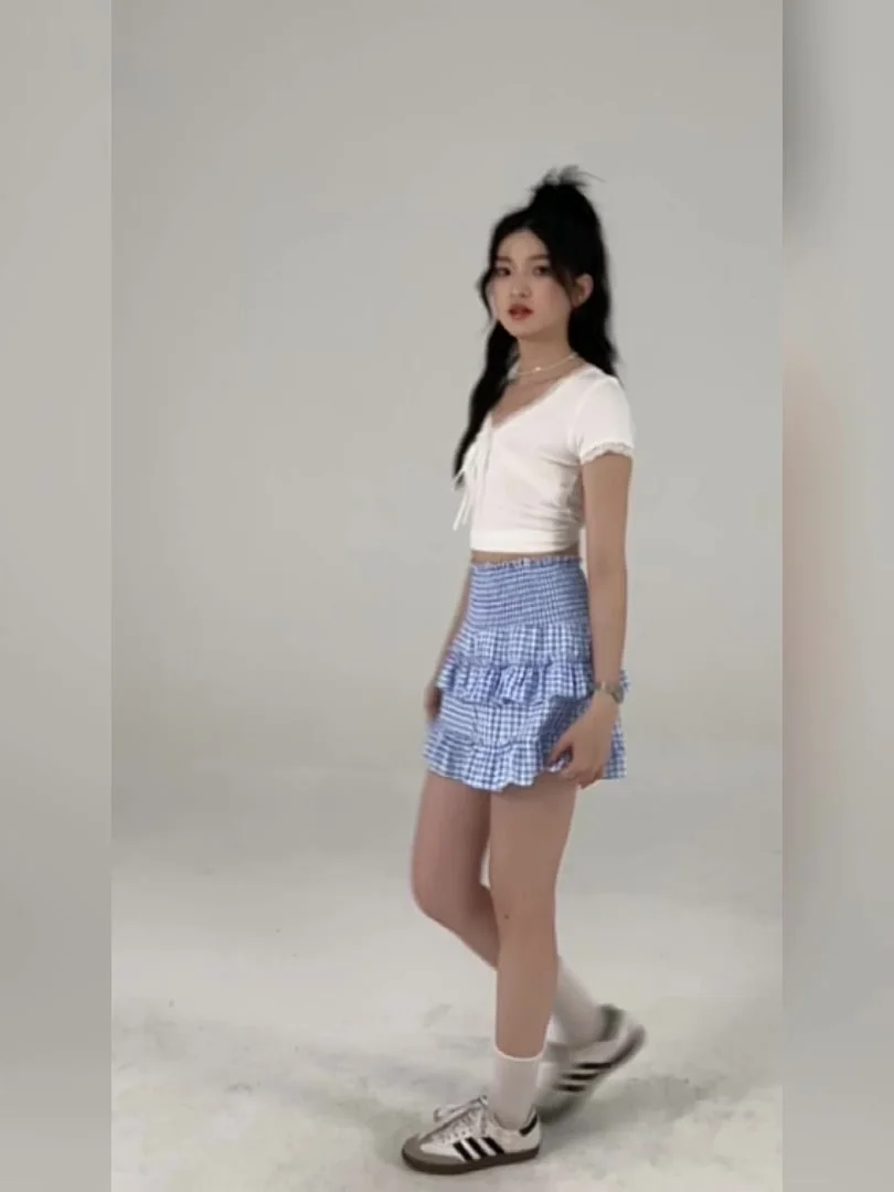 

Женская летняя юбка больших размеров, сине-белая в клетку, с оборками, пышная, многоярусная, А-силуэт