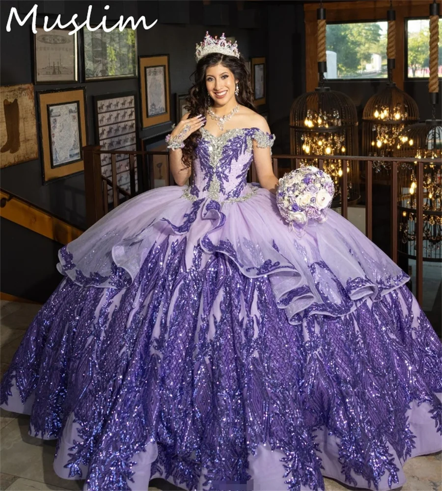 

Princess Purple Lilac Quinceanera Dresses Mexican 2024 Sequin Debutante Sweet 15 Birthday Dress Vestido De Xv Anos Mariachi