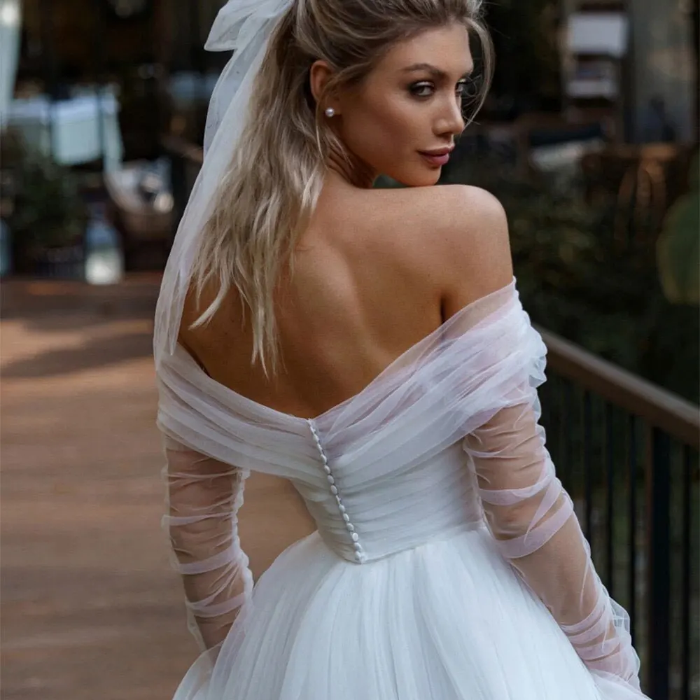 JEHETH Boho Tulle Long Sleevee Wedding Dress 2024 Princess Off Shoulder Backless Bridal Gown A-Line Vestido De Novia Custom Made