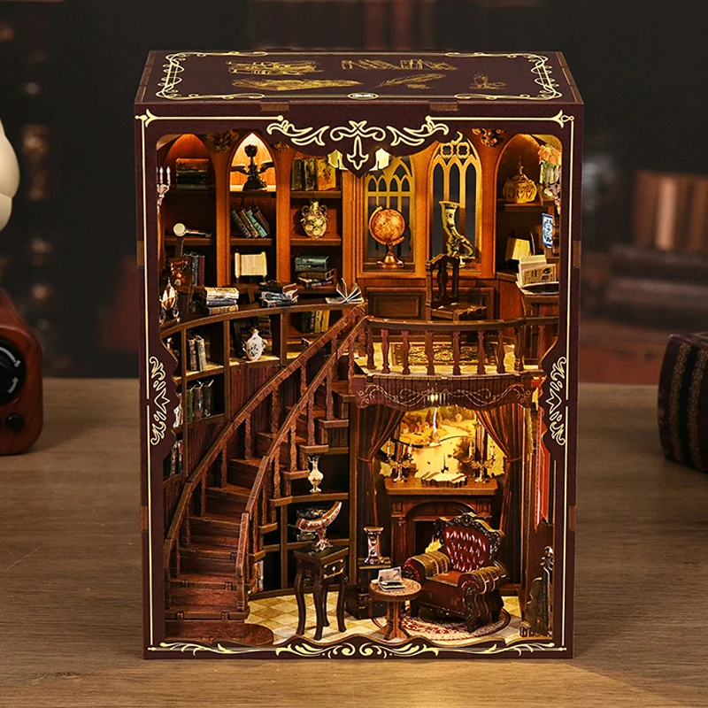 

DIY Book Nook Wooden Miniature Model Kits Ancient Rhyme Library Bookend 3D Puzzle with Light Bookshelf for Friend Birthday Gifts