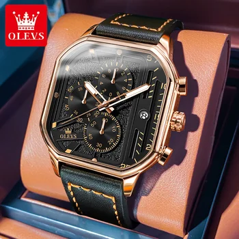 OLEVS new Quartz watch for men chronograph watch waterproof luminous leather strap men's wristwatch 42mm dial man dress watches