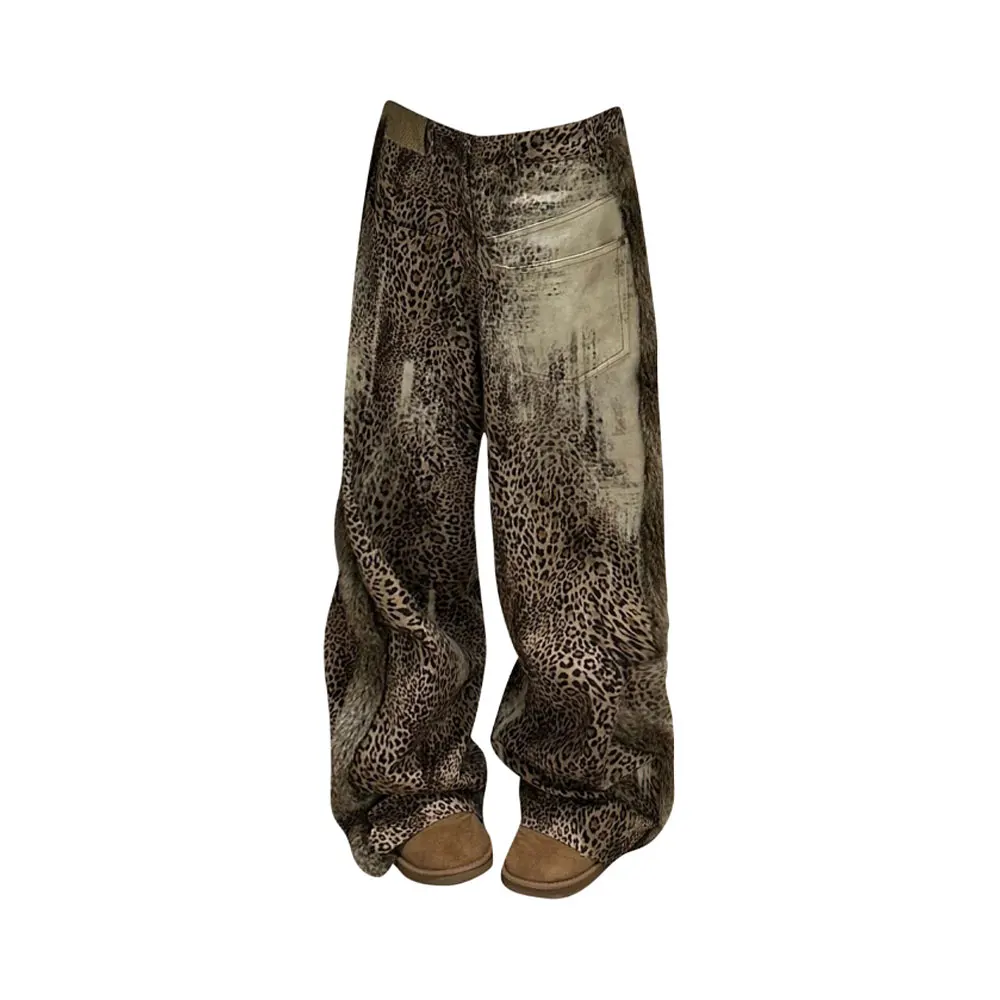 Plus size americano retro emenda fluff leopardo impressão jeans de cintura alta nova menina legal outono inverno rua calças de perna larga esfregar
