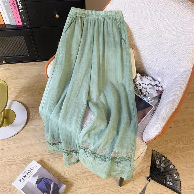 

2024 Summer New Retro Chinese Style Spliced Elasticized High-waisted Loose Embroidered Fashion Solid Color Casual Wide Leg Pants