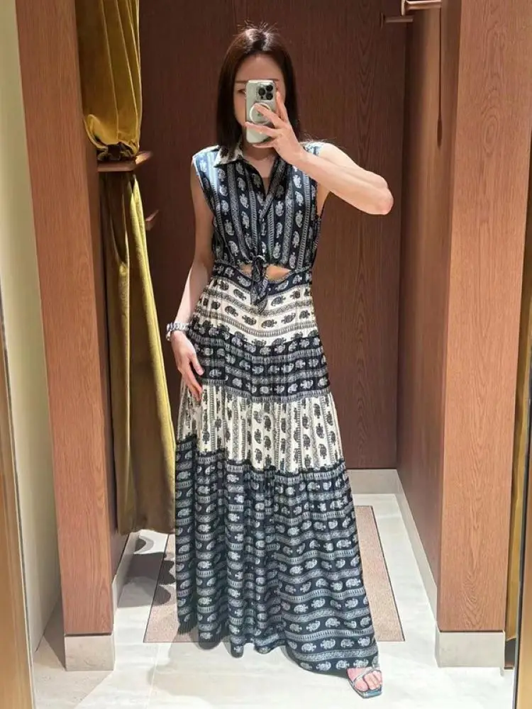 Women Retro Printed Robe Knotted Hollow Out Sleeveless Turn-down Collar Elegant Summer 2024 Long Dress