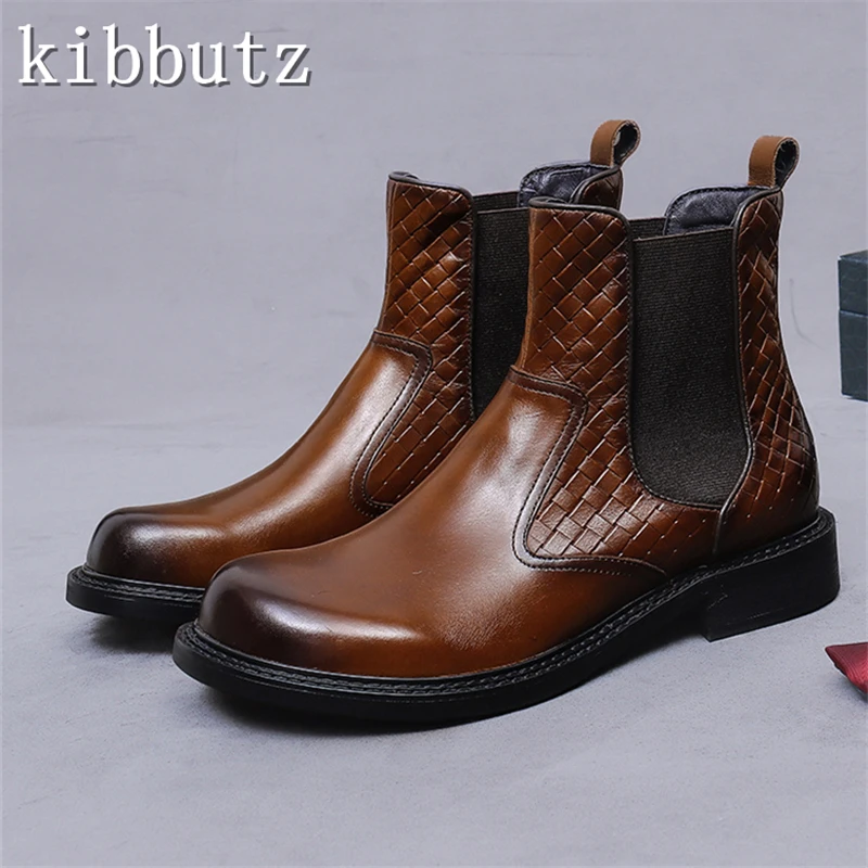 

Fashion Luxury Business Chelsea Boots Men Winter New Round Toe Embossed Cowhide Leather Ankle Boots Wedding Party Dress Shoes