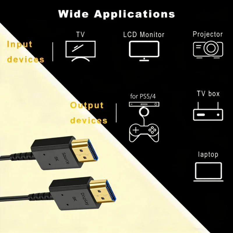 Kabel HDMI światłowodowy 8K 60Hz, szybki 48Gbps, pozłacane złącze, HDR, ARC, HDCP2.3, długości 3m, 5m, 8m, 10m, 15m, 20m, 25m, 30m, do HDTV, XBOX, PS5 — zdjęcie produktu 5