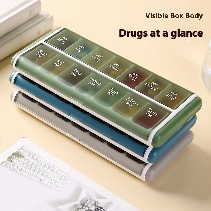 14 Grids Plastic Weekly Pill Organizer Dustproof Moisture-proof Multifunction Fish Oil Vitamin Medicine Storage Box