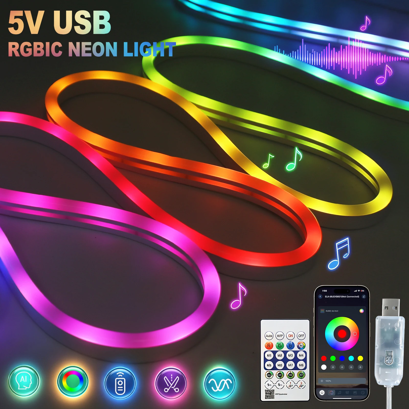 WS2812B Addressable LED Neon Pixel Light 5M DC5V USB RGB Dream Color Silicone Neon Strip IP67 Waterproof Flexible Light