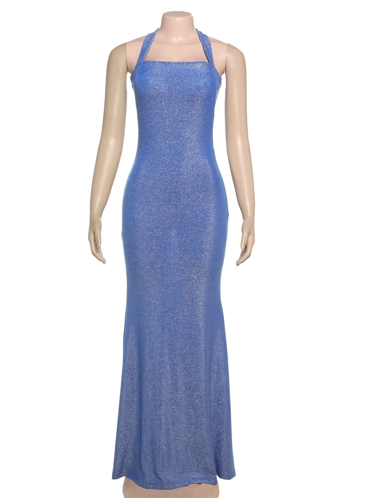 Weird Puss Bright Silk Halter Dress Women Elegant 2023 Summer Sleeveless Tight Skinny Solid Simple Birthday Party Maxi Bodycon