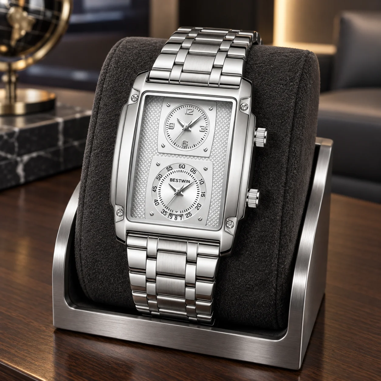 Men's Dual Time Zone Watch Rectangular Analog Wristwatch Metal Link Bracelet Business Dress Gift