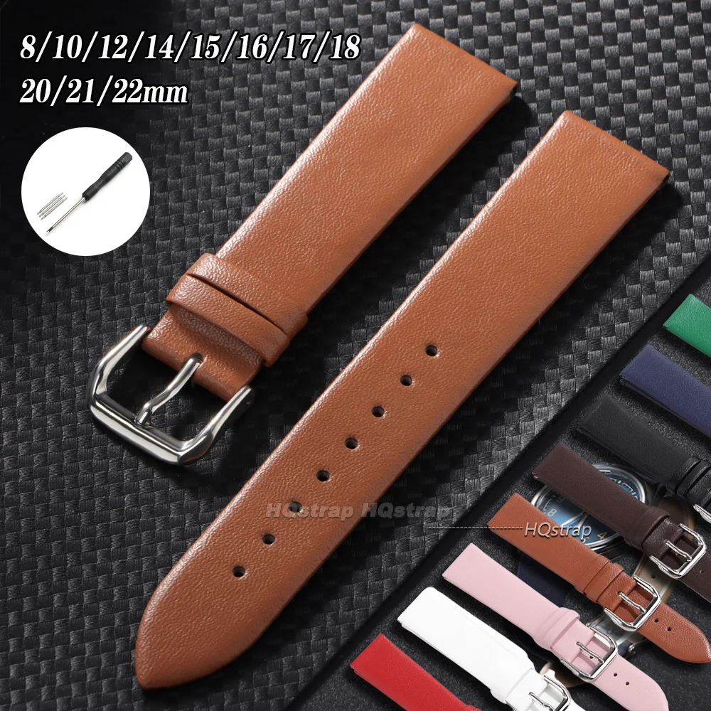 Ultra Thin Leather Watch Strap 8/10/12/14/15/16/17/18/20/21/22mm for Samsung Watch4/5/6/7 40mm 44mm Universal Business Bracelet
