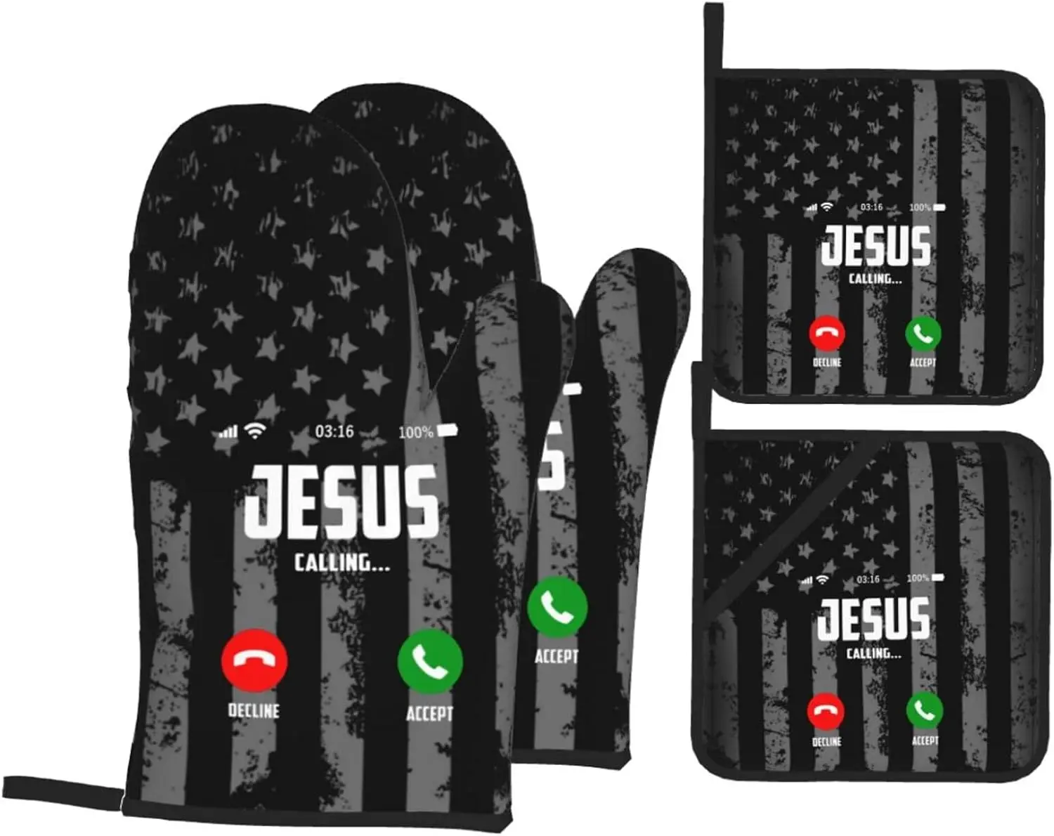 

Jesus is Calling Oven Mitts and Pot Holders Sets 4 PCS Set Heat Resistant Gloves Hot Pads for Kitchen Cooking Baking