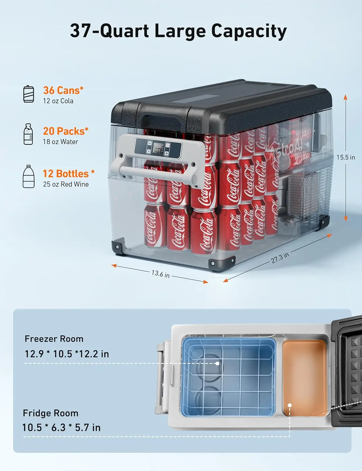 12 Volt Car Refrigerator, 12V Fridge 37 Quart (35L) Electric Cooler -4℉~68℉, Portable Freezer with DC & 110V AC for RV, Truck,