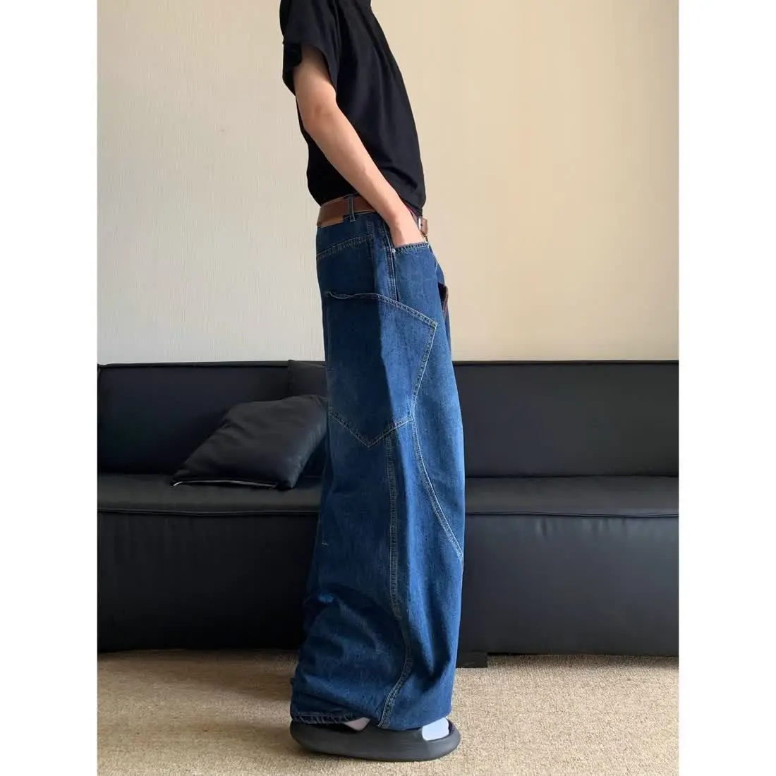 Men's Large Side Pocket Design Retro Baggy Blue Jeans Fashion Trend Autumn Trousers Male High Waisted Wide Leg Denim Pants