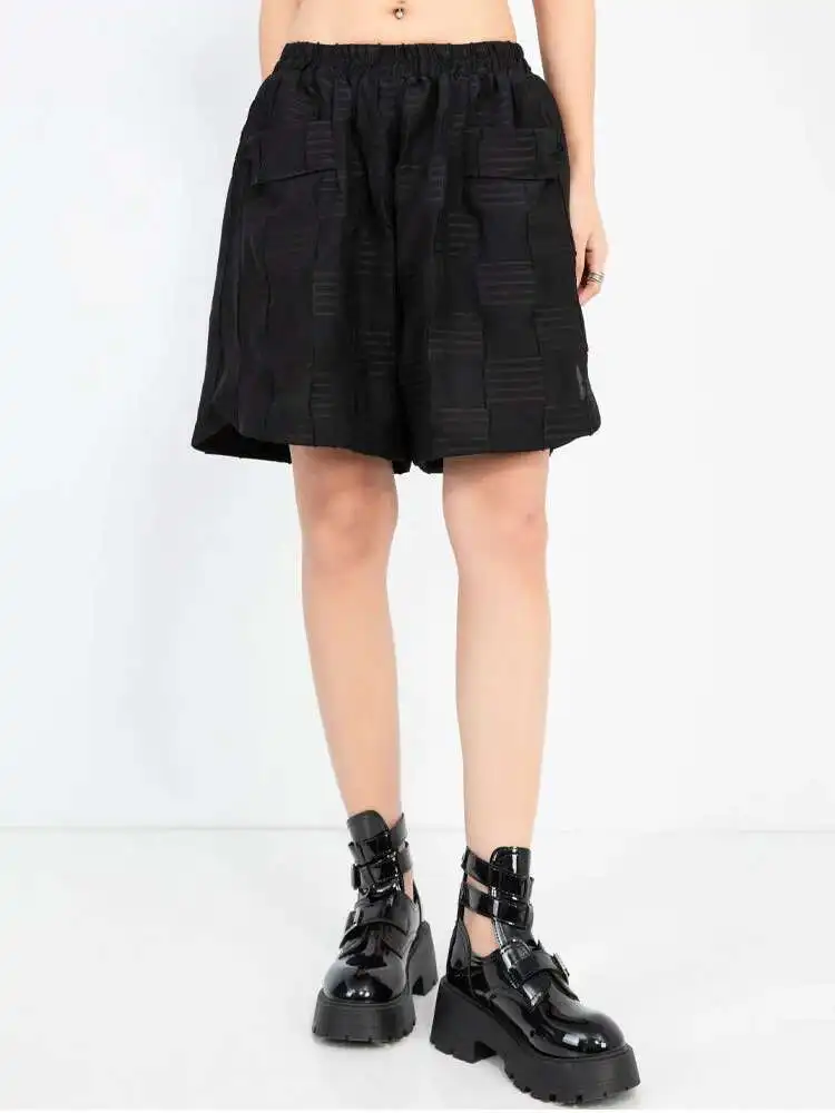 Women Black Dot Textured Pocket Casual Wide Leg Shorts New High Waist Trousers Fashion Tide Spring Summer