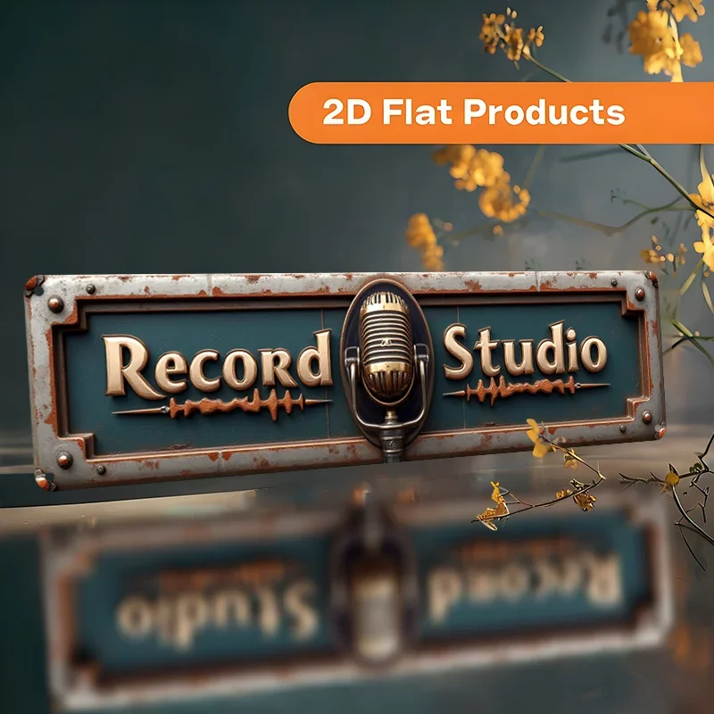 2D Flat, 'RECORDING STUDIO' Vintage Metal Wall Sign - Rustic Aluminum Decor with Rotary Record Player Design, Easy Install for H