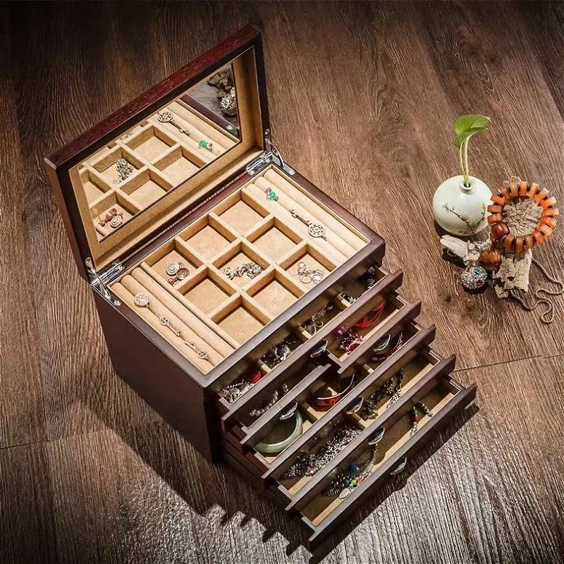 Drawer Jewelry Box Multilayer Wooden Jewelry Boxes with Mirror Bracelet Ring Organizer Case Retro Desktop Storage Display Case