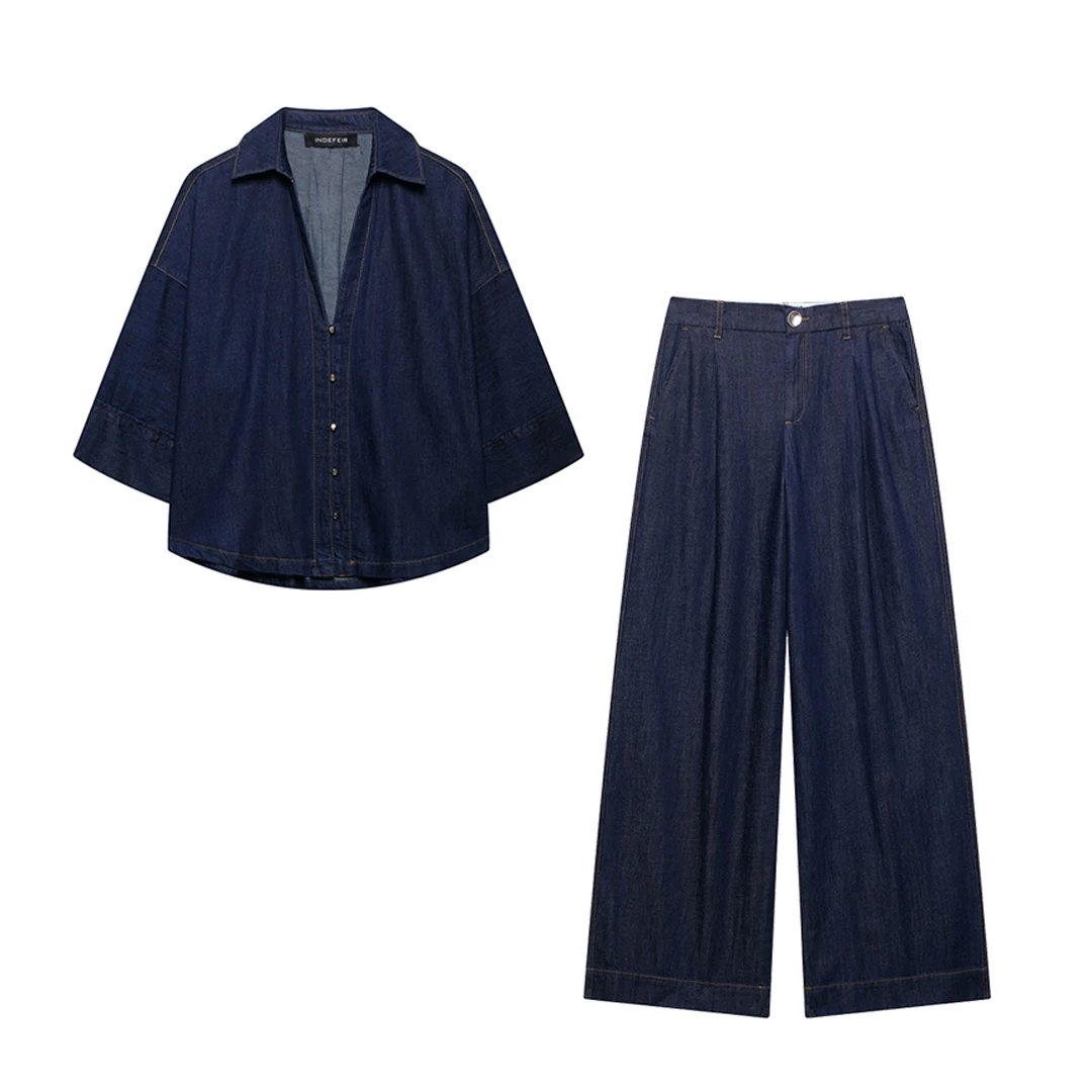 

2025 Women Loose Denim Set Fashion Button Down Short Sleeve Shirt With High Waist Wide Leg Pants Female Casual Jean Suits