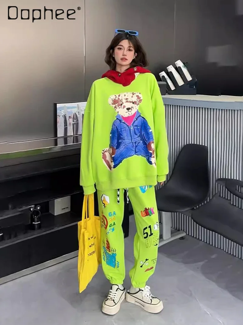 

Street Style Casual Sports Suit 2024 New Fashion Loose Sweatshirts and Sweatpants Two-piece Sets Womens Outfits Spring Autumn