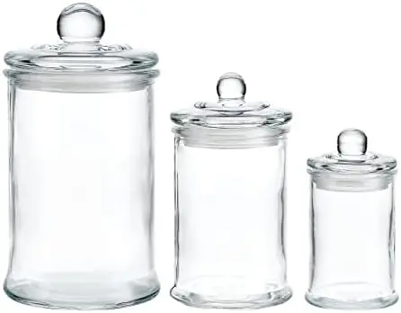 

KMWARES 3PC Mini Glass Apothecary Jars – Clear Canisters for Cotton Balls, Swabs & Makeup Organizing