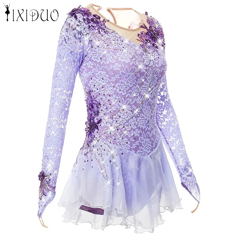 Rhinestone Ballet Gymnastics Leotard Dress Kids Girls Long Sleeve Mesh Splice Figure Ice Skating Dress Performance Dance Costume