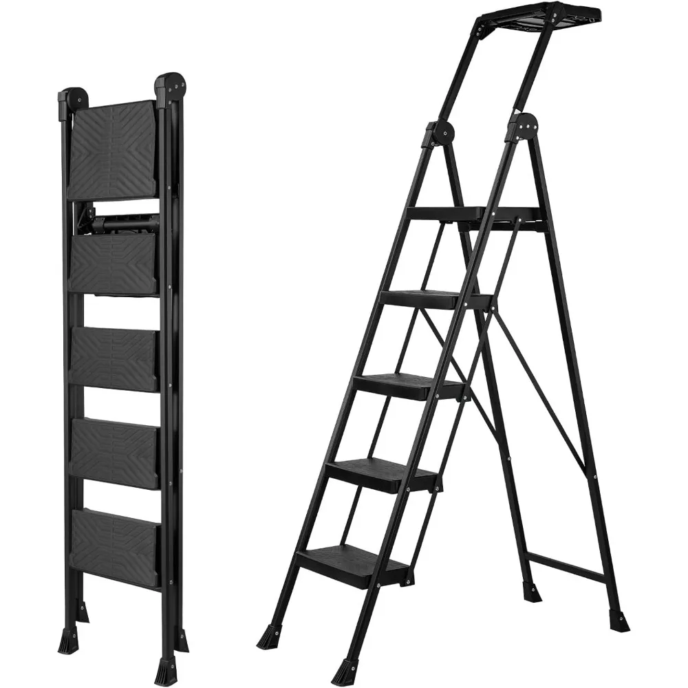 5 Step Ladder, Foldable Handrail & Tool Tray Stool Ladders with Anti-Slip Wide Pedal, 660 lbs Sturdy Steel Ladder for Home Kitc